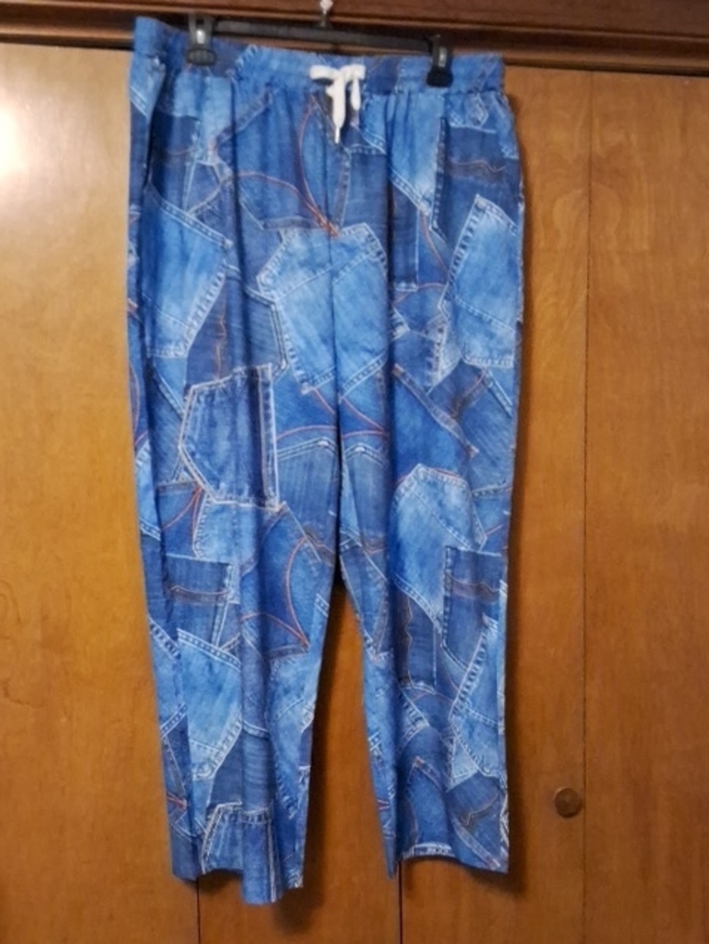 Relaxed Blue Patchwork-Print Drawstring Jeans for Men